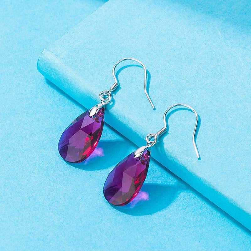 EVEVIC Austrian Crystal Teardrop Dangle Earrings for Women Drop Hook Earring 925 Sterling Silver Hypoallergenic Jewelry (Fuchsia) - Image 3